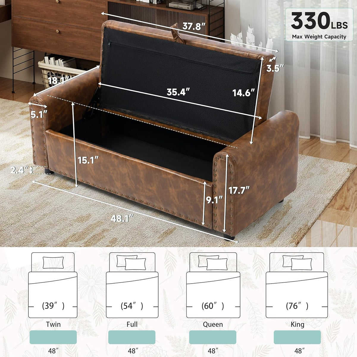 Ottoman with Storage, Tufted Storage Bench for Bedroom, 48" PU Leather End of Bed Bench, Upholstered Entryway Shoe Benches with Rolled Arm & Inner Zipper, Window Ottomans Chest with Rivets, Brown