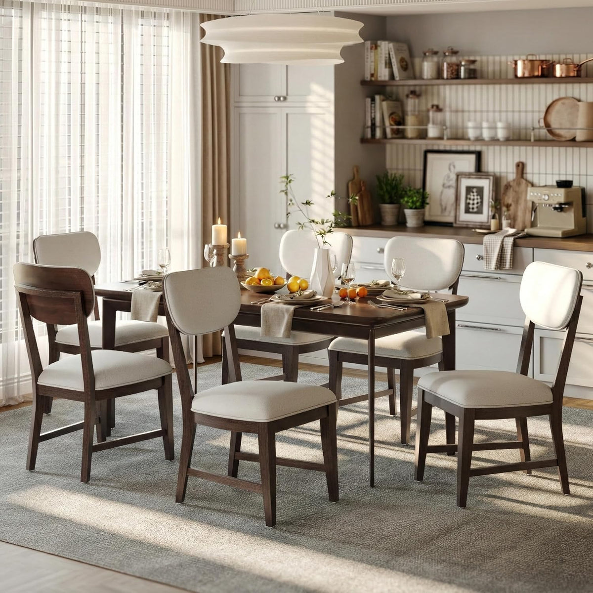 COLAMY Solid Wood Dining Chairs Set of 6, Mid Century Modern Upholstered Kitchen Chairs with 3.3" Thick Cushion, Farmhouse Dining Room Chairs with Level Legs & Wire-Brushed Finish, Brown