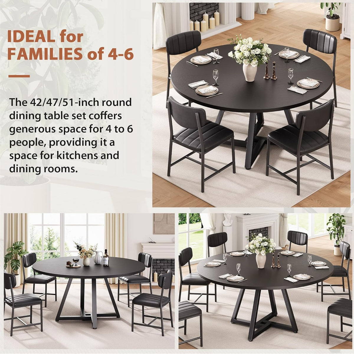 Jocoevol 51" Round Dining Table Kitchen Dining Room Circle Dinner Pedestal Table for 4 6 8, Space Saving Wood Kitchen & Dining Room Furniture (Black)