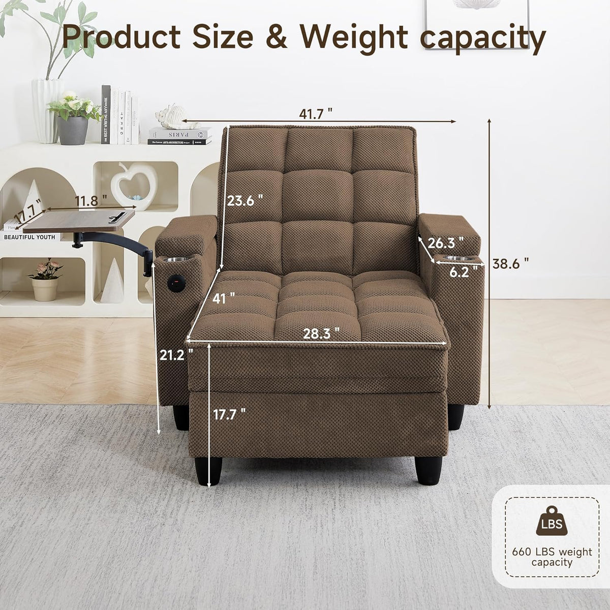 41.7" Oversized Living Room Chair, Convertible Chaise Lounge Chair Indoor with Adjustable Backrest, Deep Seat Accent Reading Chair with Armrest Storage, Swivel Side Table & Cup Holders for Bedroom