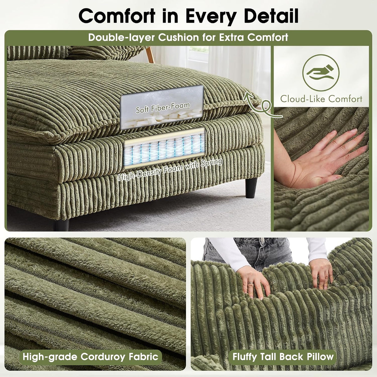WESTSETLUX 54.8" W Oversized Chaise Lounge Chair Indoor with 5-Position Adjustable Backrest, Corduroy Sleeper Sofa Bed with 3 Pillows, Modern Cloud Couch Chair for Living Room, Bedroom, Green