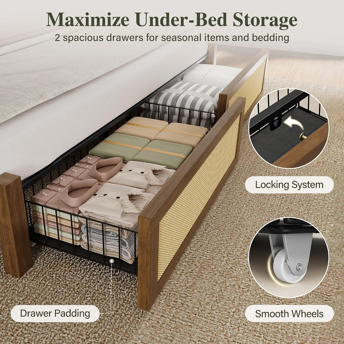 Belffin King Size Rattan Bed Frame with 2 Storage Drawers, Wood Bed, Brown