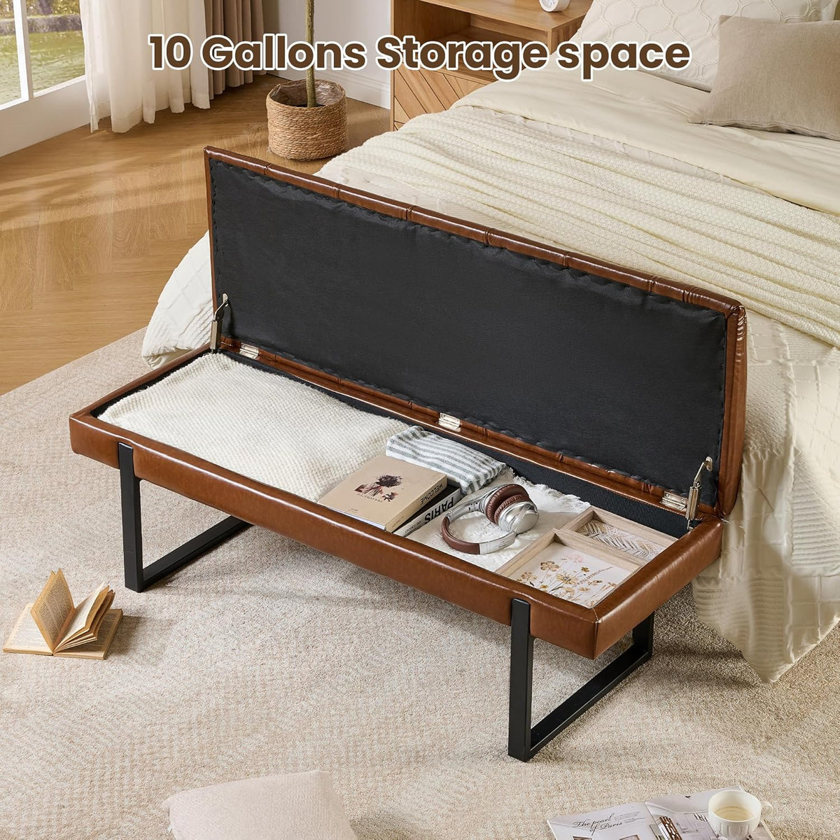 Breakfast Nook Bench with Hidden Storage, Premium Faux Leather Cushion & Metal Base, 53 Inch Extra Seating for Dining Room/Living Room, Entryway