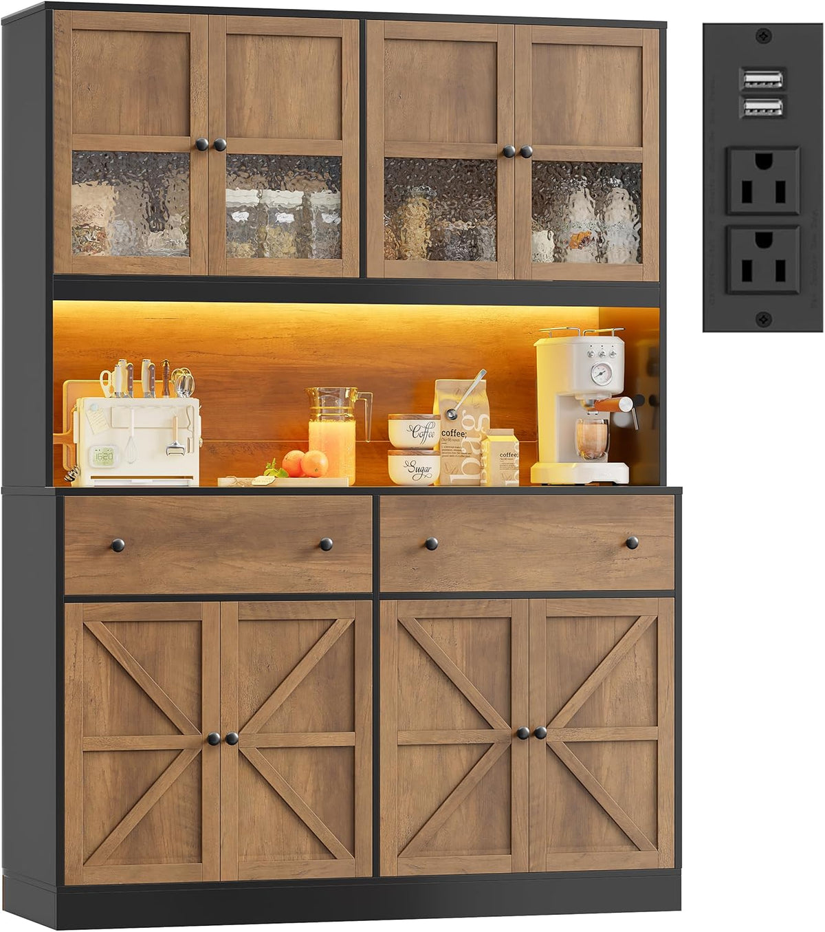 FINETONES 71" Pantry Cabinet with LED Light and Charging Station | Farmhouse Kitchen Pantry Cabinet with Microwave Stand, 47.2" Wide Kitchen Hutch Food Pantry with Open Countertop, Black/Brown
