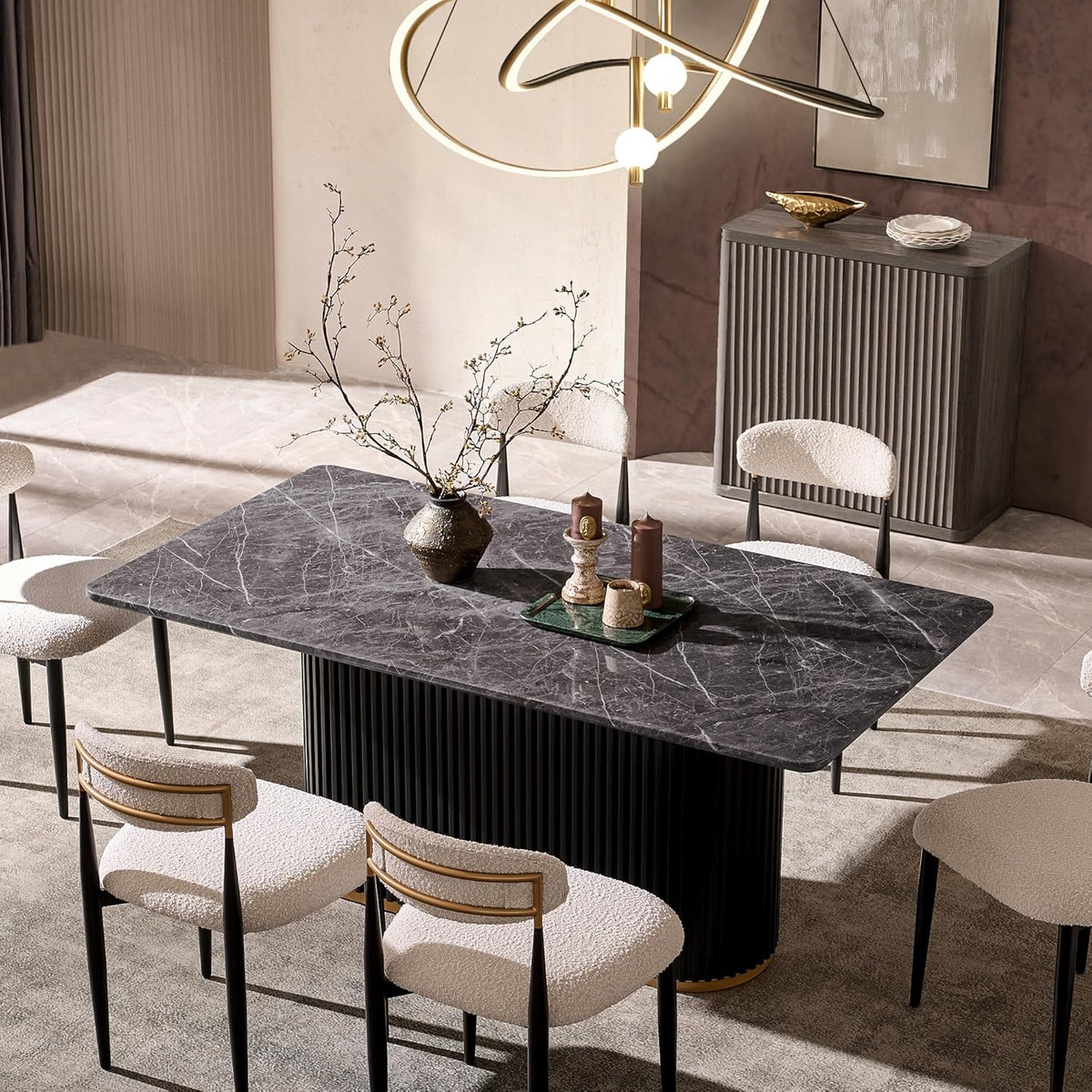 Morden Fort Modern Dining Table for 6, 70" Faux Marble Dining Table with Black Fluted Base and Grey Rectangle Top for Ktichen, Reception and Conference