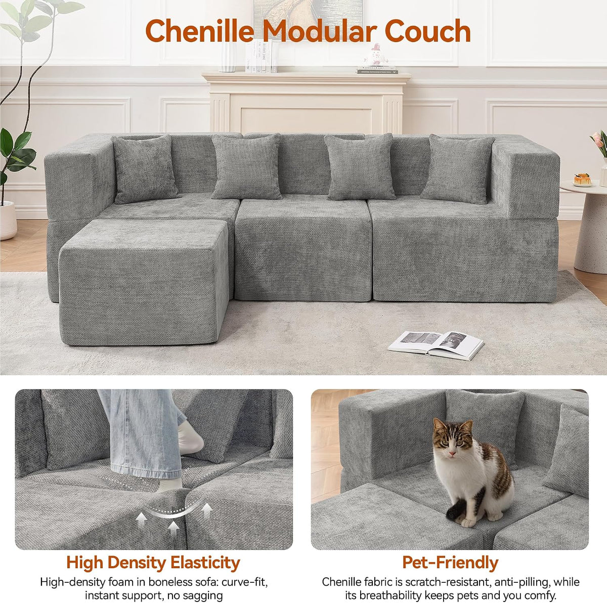 MONVANE 103'' Modular Sectional Sofa, Cloud Sectional Couch with Ottoman, Convertible Chenille L Shaped Couch with Deep Seat, Sectional Couches for Living Room, No Assembly Required, Light Grey