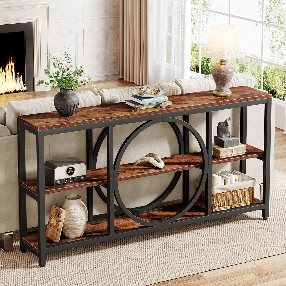 Tribesigns 70.9 Inch Extra Long Console Table for Entryway, Sofa Table Behind Couch with 3 Tier Wood Storage Shelves Industrial Metal Frame for Living Room Hallway Entryway, Brown Black
