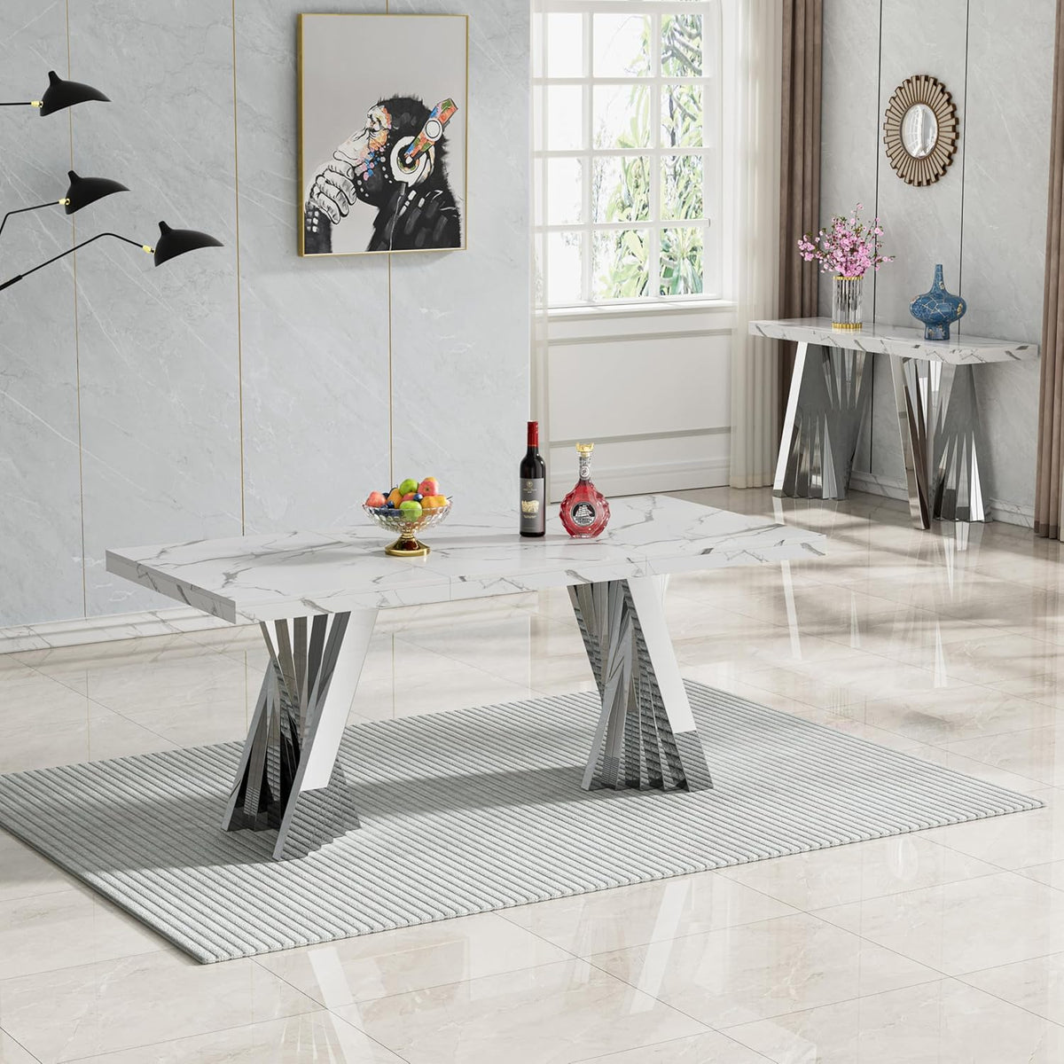 70" Faux Marble White Silver Dining Table for 6, Modern Dining Room Table with 0.71" Marble Printing MDF Top and Flash-Shaped Stainless Steel Base,Rectangular Large Kitchen Dinner Table