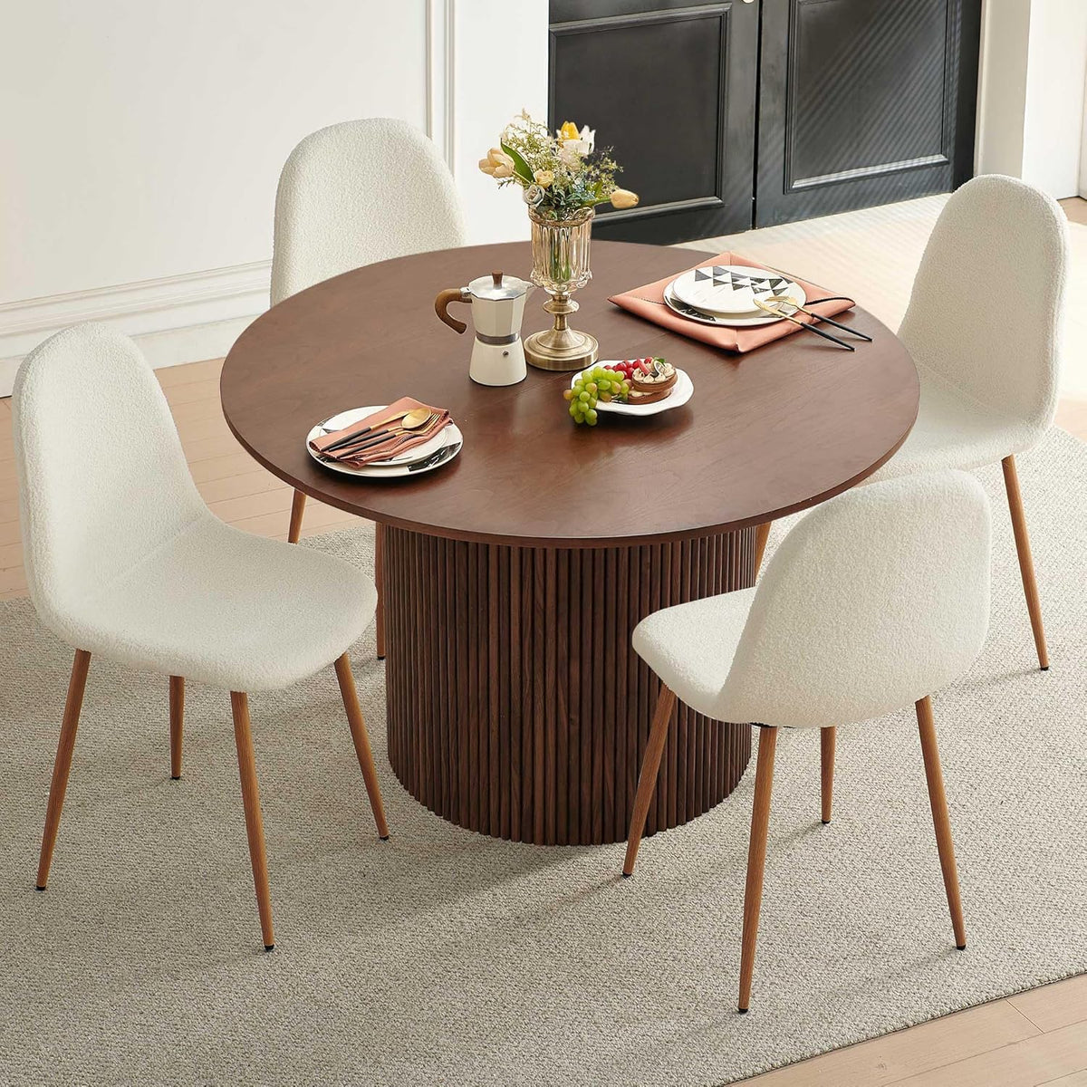 Dining Table Set for 4, Mid Century Modern 47 Inch Wooden Round Dining Table Set, Space Saving (Table + 4 White Chairs)