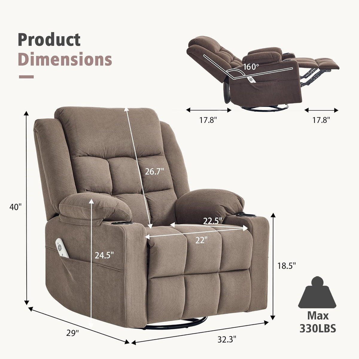Ketaiyou Rocker Swivel Recliner Chair for Adults, Overstuffed Manual Recliner Glider with Massage and Heat, Comfy Soft Fabric Living Room Reclining Sofa Chair (Coffee2)