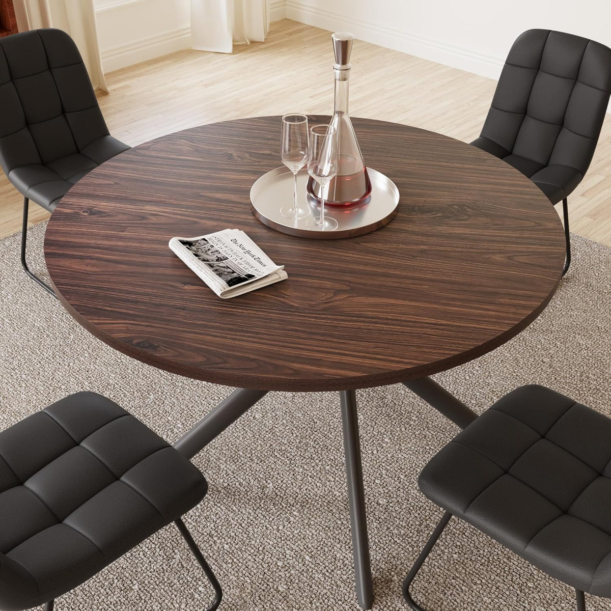HIPIHOM 45.3 Inch Round Dining Table Set for 4, Mid Century Modern MDF Coffee Set for Dining Room Kitchen Apartment (Dark Walnut Table + 4 U-Shaped Black Chairs)