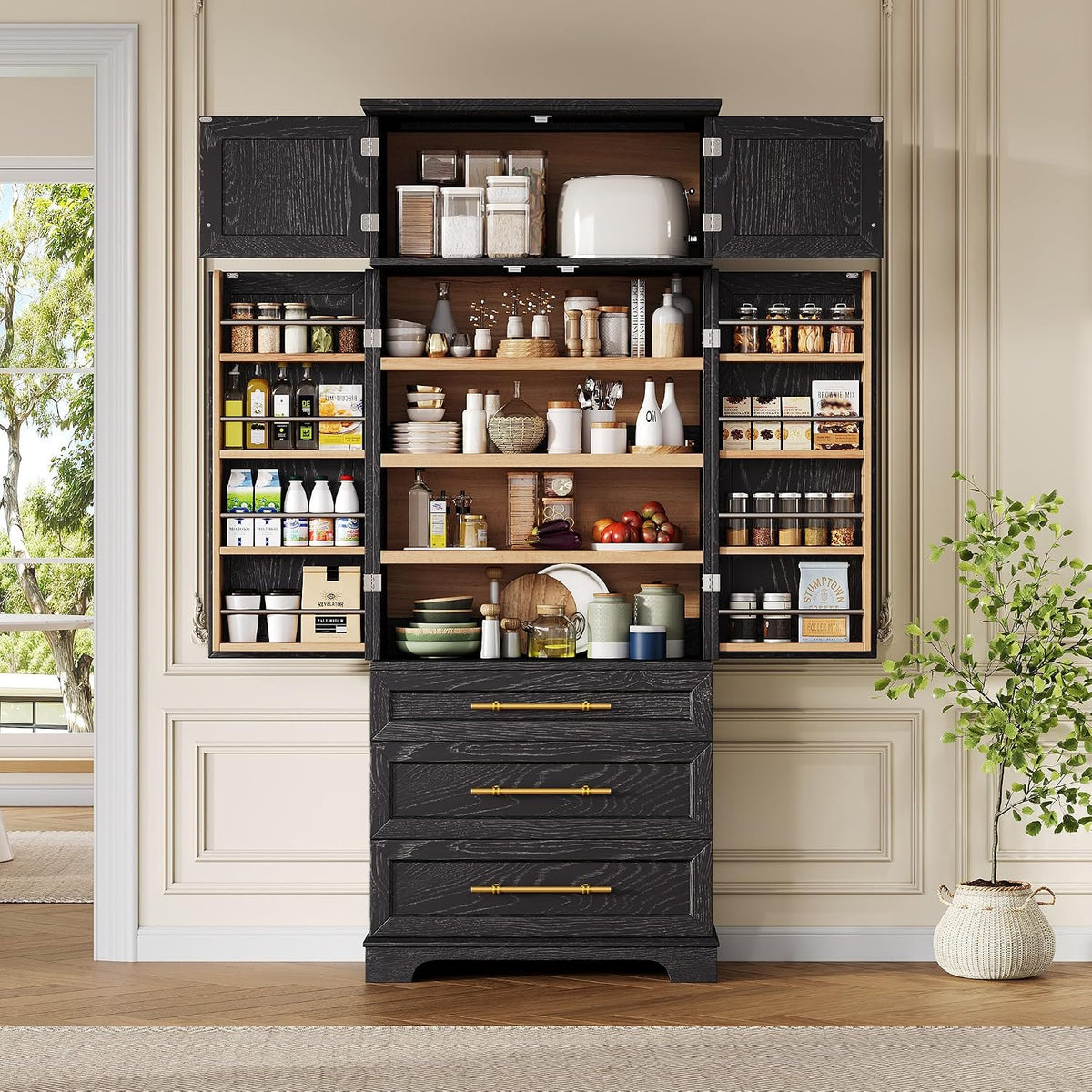 78.2" Tall Farmhouse Kitchen Pantry Cabinet with 8 Door Shelves, Storage Cupboard with 3 Adjustable Shelves, 3 Large Drawers,for Dining & Bathroom (Ash Black-J)