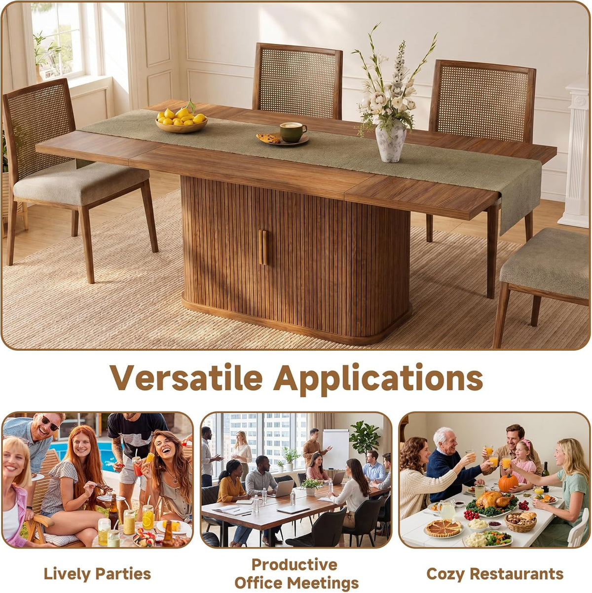 knoworld 78.7" Rectangular Dining Table for 6-10, Farmhouse Kitchen Furniture with Storage Base, Sliding Tambour Doors, Walnut