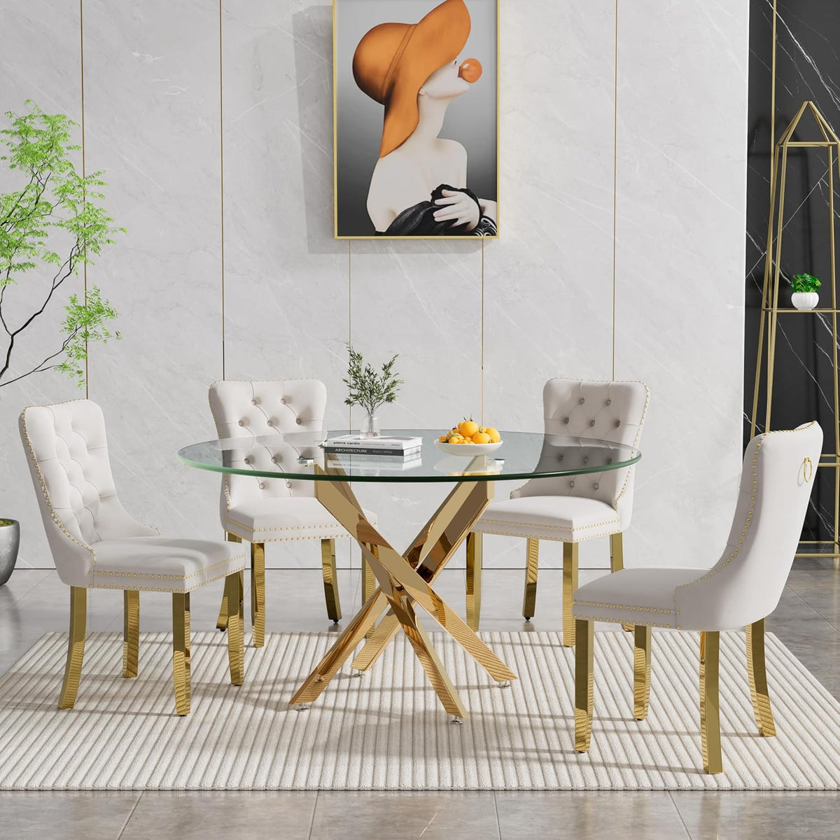 Henf 5 Piece Round Glass Dining Table Set for 4, Modern 47" Round Dining Table & Chair Set Circle Glass Kitchen Table and 4 Velvet Tufted Chairs for Kitchen Dining (Gold Table & Beige Chair)