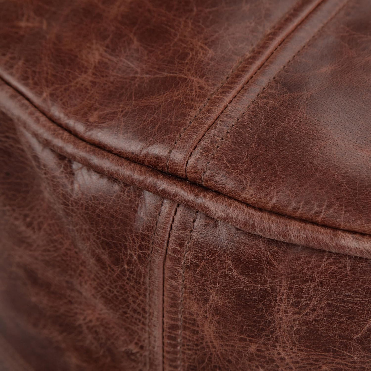 SIMPLIHOME Connor 18" Wide Round Pouf in Distressed Brown Genuine Leather | Boho footstool, extra seating for living room or bedroom with polystyrene filling, assembled; pouf ottoman or floor cushion.