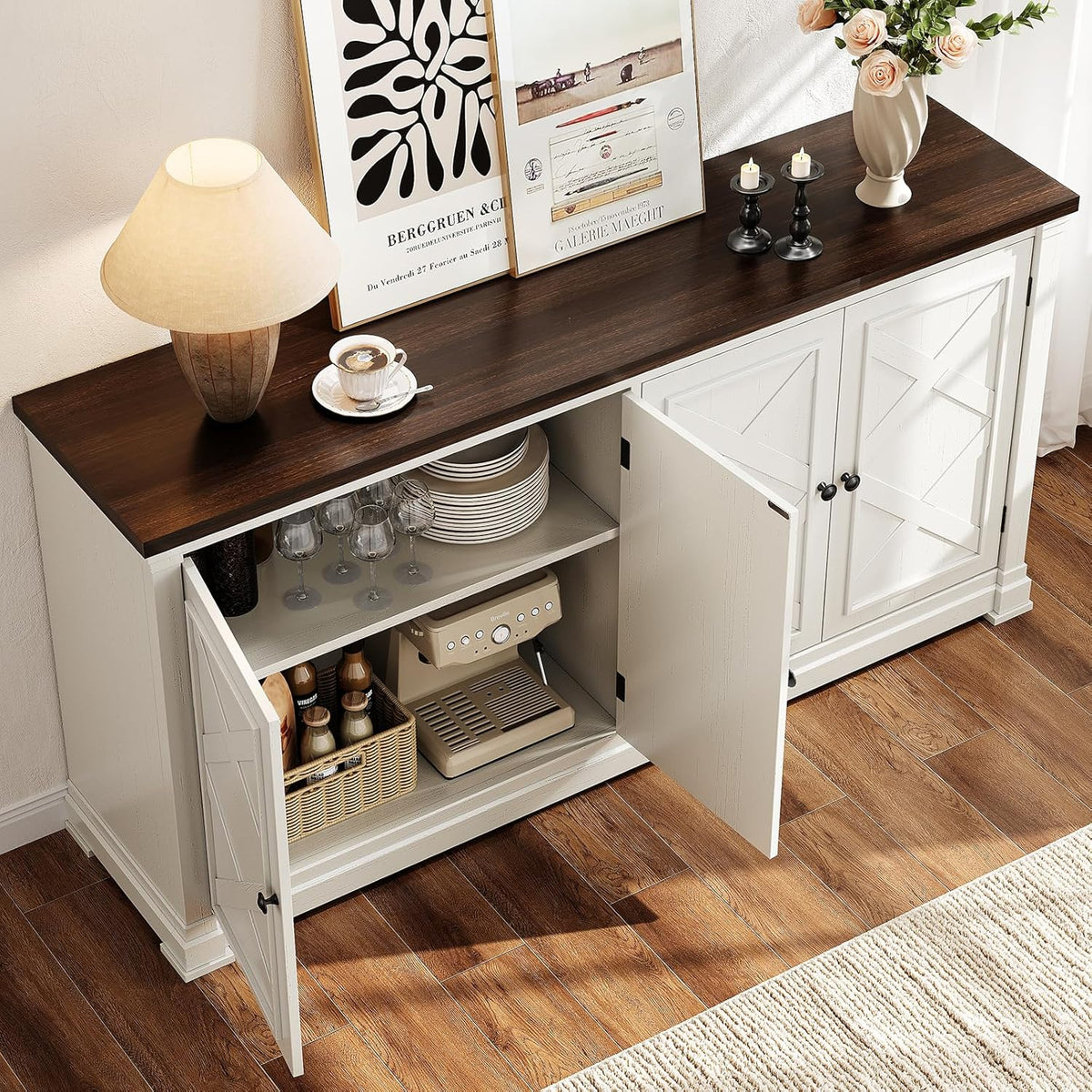 ONBRILL 63 Inches Buffet Cabinet with Storage, Large Sideboard Cabinet with 4 Barn Doors, Adjustable Shelves, Wood Coffee Bar Station for Kitchen, Living Room, Off White