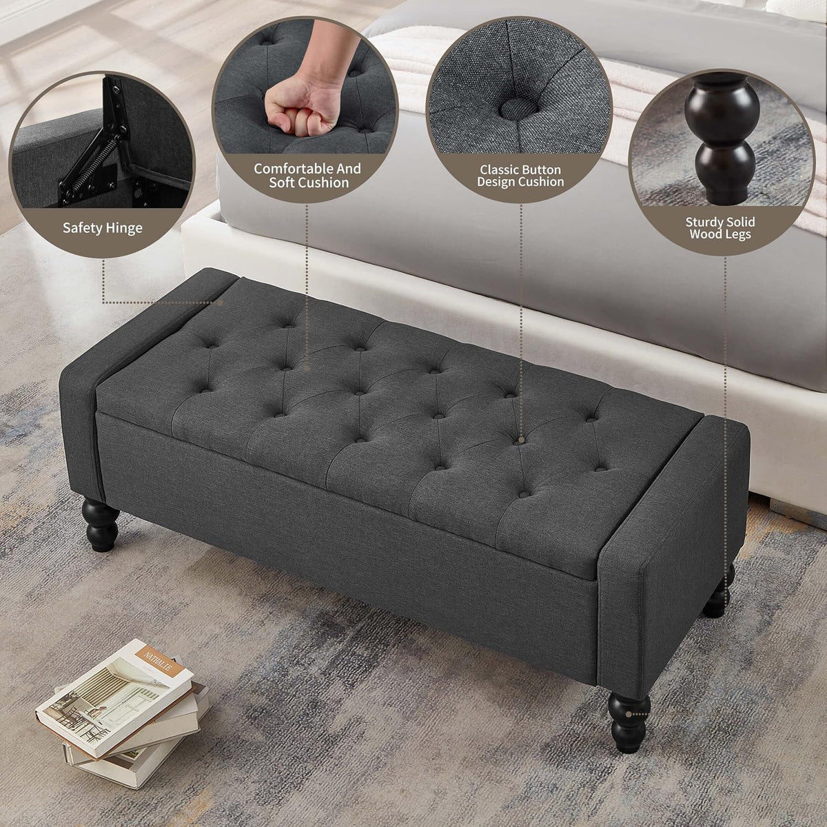 50" W Storage Ottoman Bench with Safety Hinge, Load up to 660 lb Ottoman with Storage, Upholstered Tufted Entryway Bench with Seating for Living Room, Bedroom, Entryway, Dark Gray