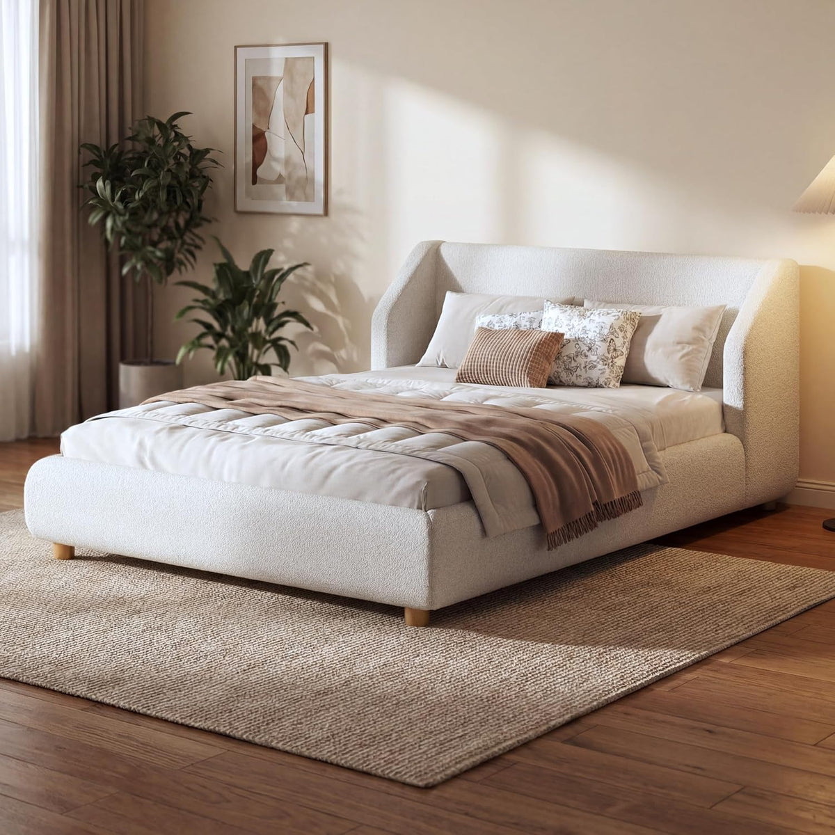 Christopher Knight Home Astry Boucle Upholstered Queen Size Bed Frame with Wingback Headboard, Modern Queen Bed Frame and Headboard, Wooden Slats Support, Easy Assembly, No Box Spring Needed, White