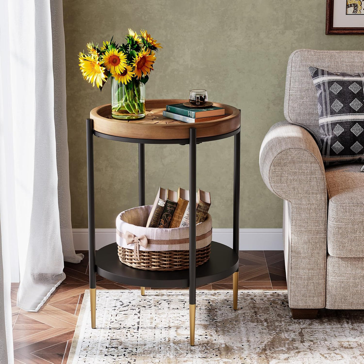Tribesigns Round Side Table, 2-Tier End Table with Solid Wood and Metal, Industrial Nightstand for Small Spaces, Living Room, Bedroom, Study Room (Rustic Brown)