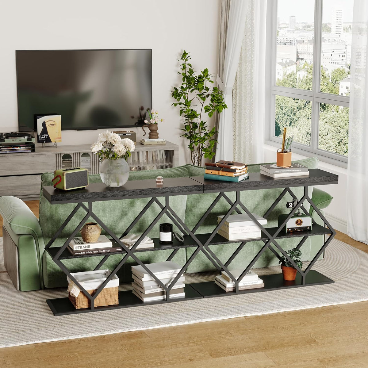 Garvee 3 Tier Console Table with Open Wood Shelves,39" Industrial Entryway Table,Sofa Table,Narrow Wood Accent Tables with Metal Frame for Hallway,Living Room,Behind Couch,Foyer,Entrance,Black