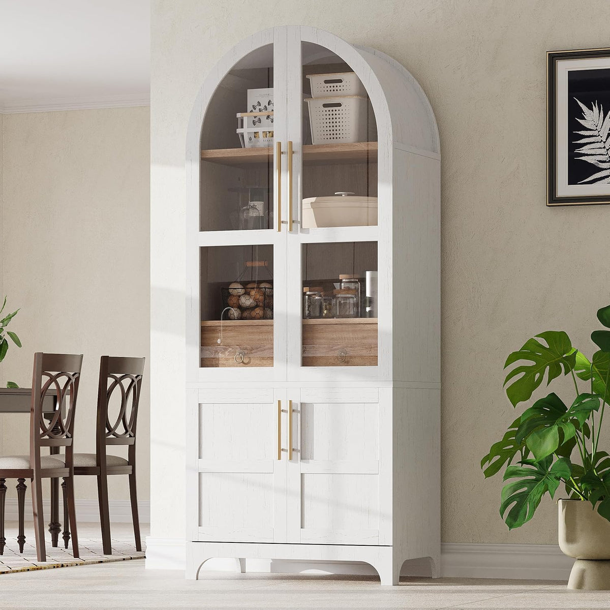 71" Tall Arched Farmhouse Pantry Cabinet with Adjustable Shelves & Glass Door, Spacious Storage Cabinet with Hidden Drawer & Door Racks for Kitchen, Dining Room, Living Room(White)