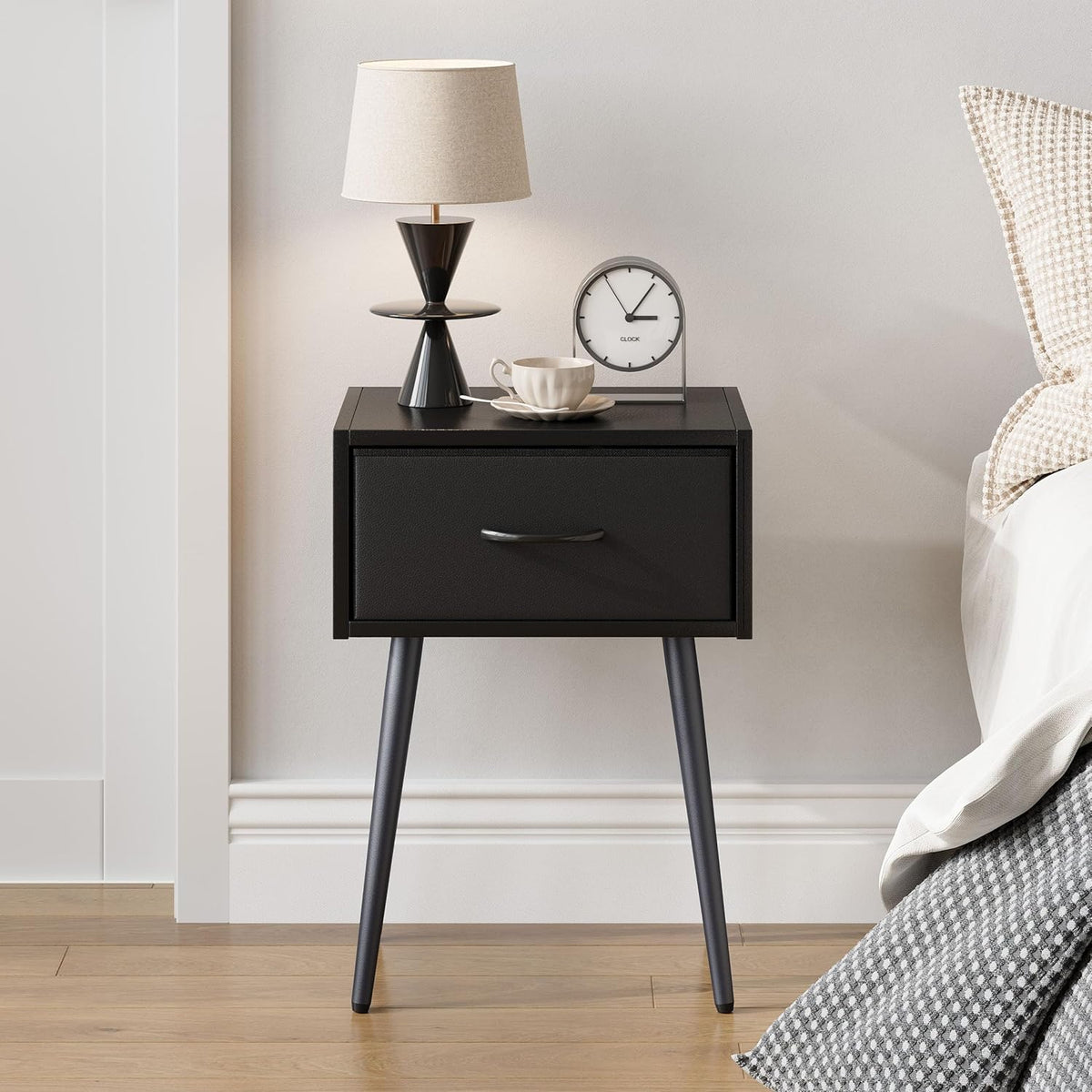 Small Black Nightstands Set of 2, Bedside Table with Fabric Drawer, Modern End Table with Metal Leg, Couch Side Table for Bedroom Living Room, Sofa, Office LNT504B