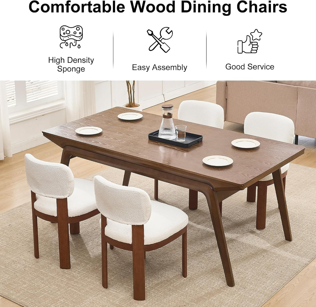 Dining Chairs Set of 2, Teddy Teddy Upholstered Kitchen Chairs with Curved Backrest and Solid Wood Legs, Farmhouse Side Chairs for Restaurant Cafe Living Room (White+Brown Legs)