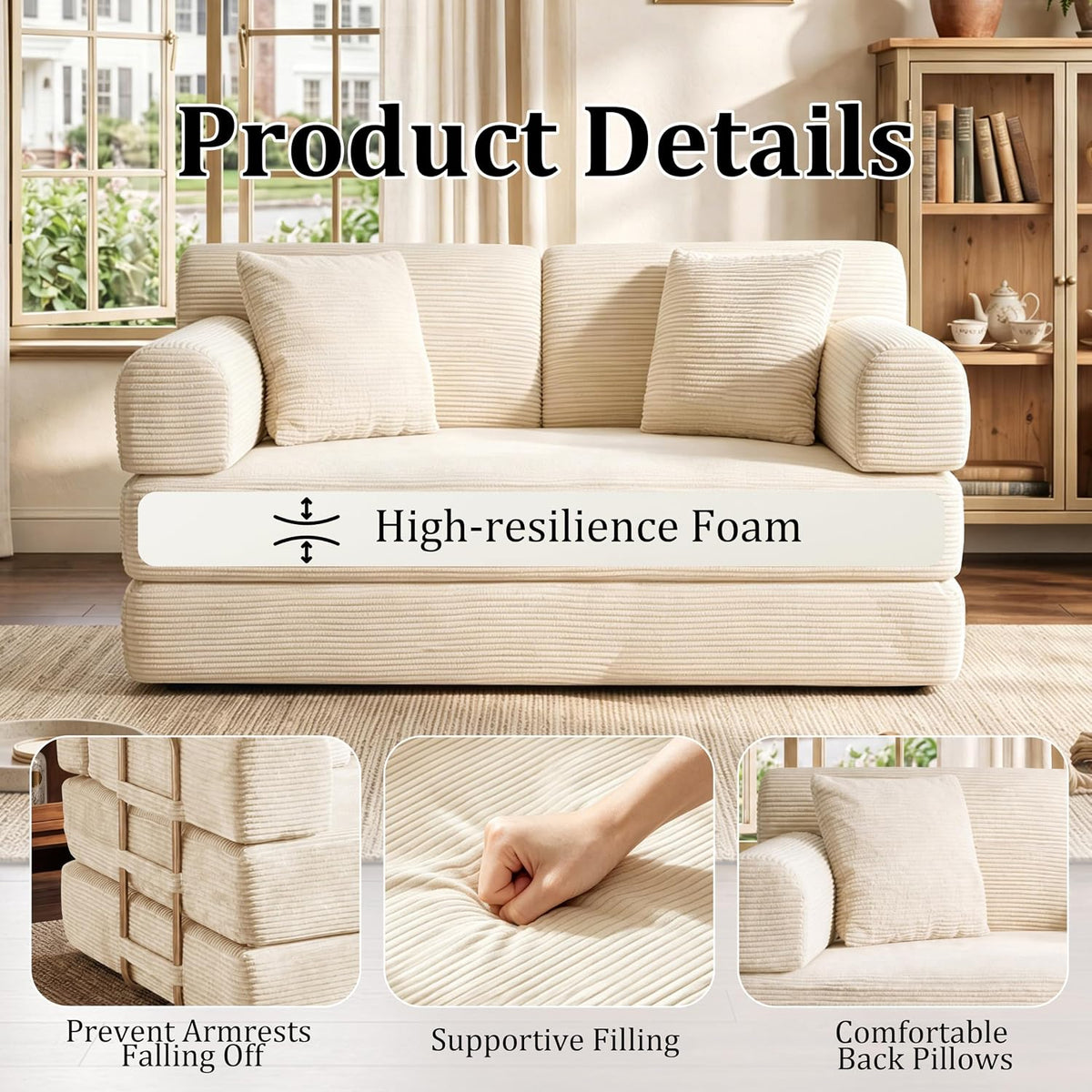BSHOMGI Convertible Sofa Couch Bed, Folding Corduroy Floor Compression Loveseat Sleeper with Fixed-Shape Frame, King Size Sofas for Guest Room Living Room No Assembly Required (Includes 2 Pillows)