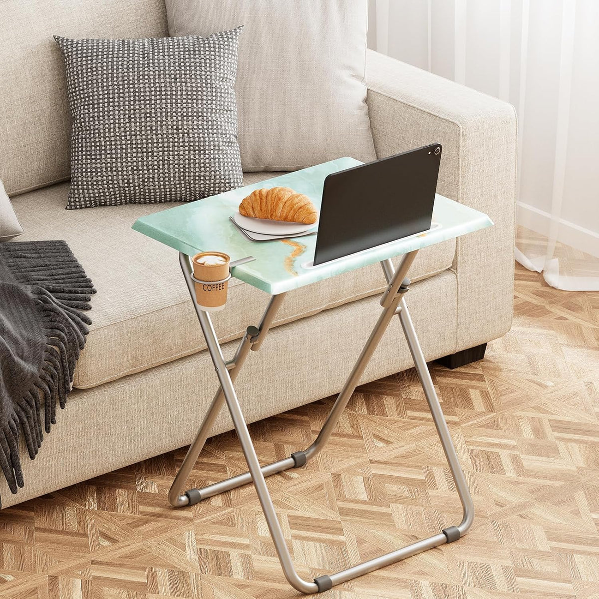 TV Trays Table Set of 4 Portable Folding TV Tray Table TV Dinner Tray with Sturdy MDF, Small Folding Tables with Phone & Tablet Slot, No Assembly Required, 15 x 18.9 x 25.6 in (Sea Blue Marble, 4Pcs)
