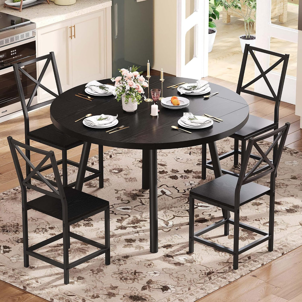 IRONCK Dining Table Set for 4, Round Kitchen Table and 4 Stool Chair for Dining Room, 44.5inch Drop Leaf Desk, Small Space Saving, Black