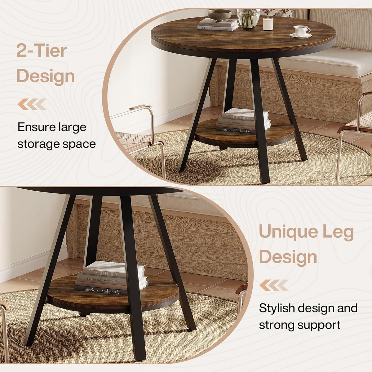Tribesigns 2-Tier Industrial Round Dining Table, Small Kitchen Dinner Table for 2-4 People, 35-Inch Circle Wood Kitchen & Dining Room Furniture with Sturdy Metal Leg, Rustic Brown