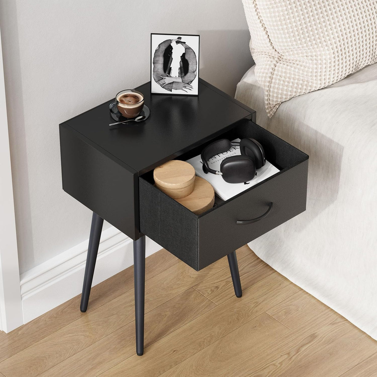 Small Black Nightstands Set of 2, Bedside Table with Fabric Drawer, Modern End Table with Metal Leg, Couch Side Table for Bedroom Living Room, Sofa, Office LNT504B