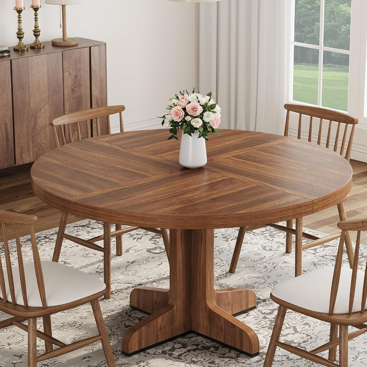 Garvee 47 Inch Round Dining Table for 4, Farmhouse Kitchen Dining Room Circle Dinner Table, Kitchen Dining Room Furniture, Walnut (Table Only)