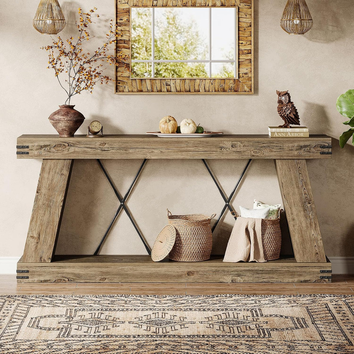 Tribesigns 70.87" Farmhouse Console Table with Storage (Light Brown Oak) | Narrow Sofa Table Behind Couch with Shelf, Rustic Entryway Table for Hallway, Living Room, Foyer, Entrance