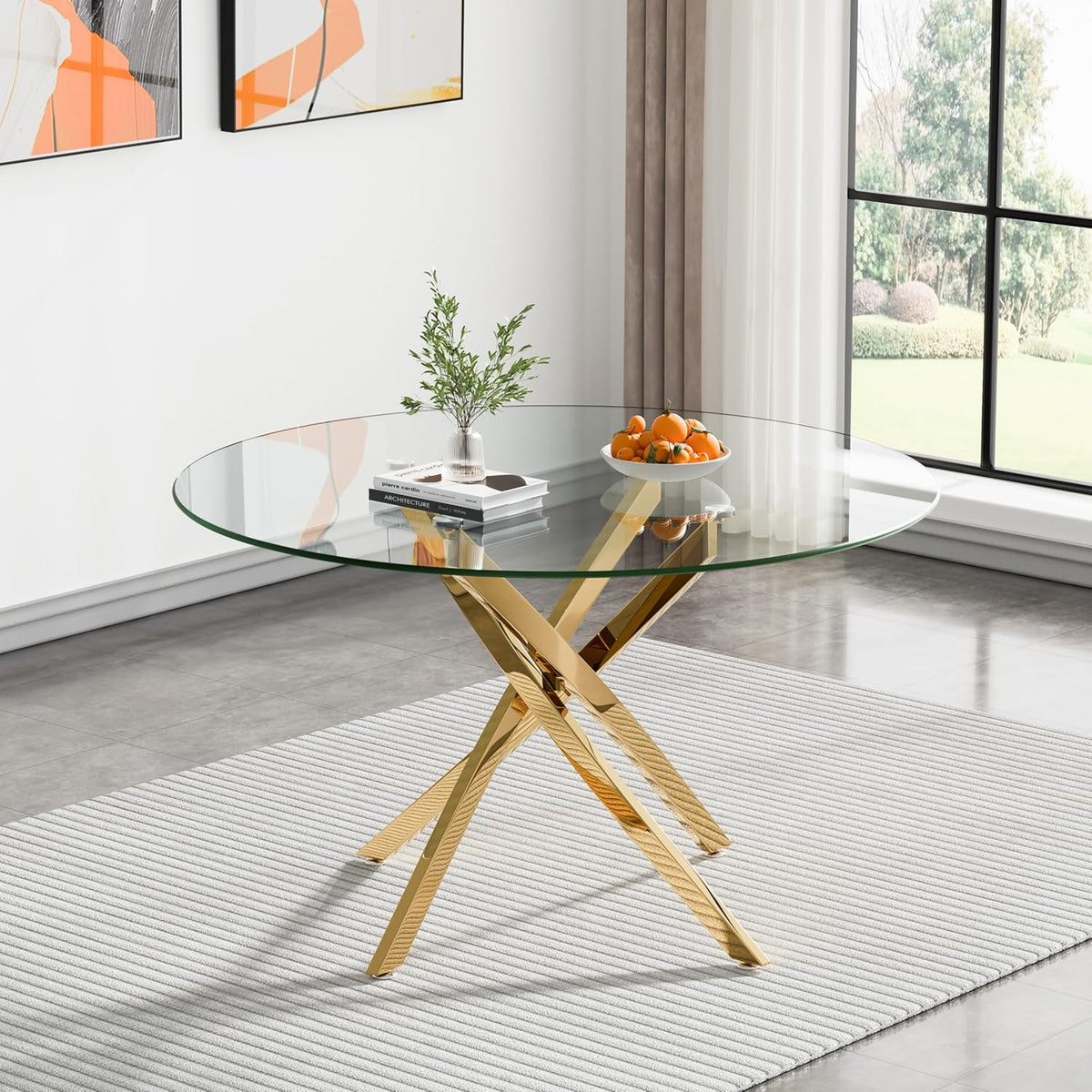 47" Round Glass Dining Table for 4-6, Circle Kitchen Table with Tempered Glass Top & Gold Metal Cross Legs, Modern Glass Dinner Table for Kitchen Dining Room Small Apartment