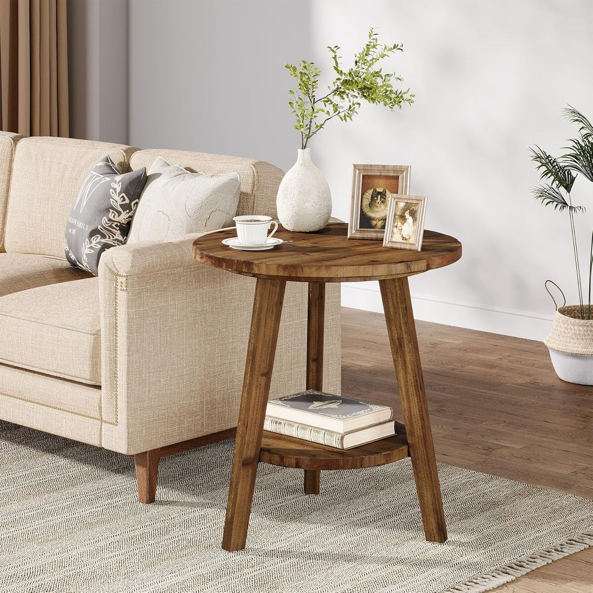 Solid Wood Round End Table, Sofa Side Table with Storage Shelf, Farmhouse Nightstand for Living Room, Bedroom, Easy Assembly (1)