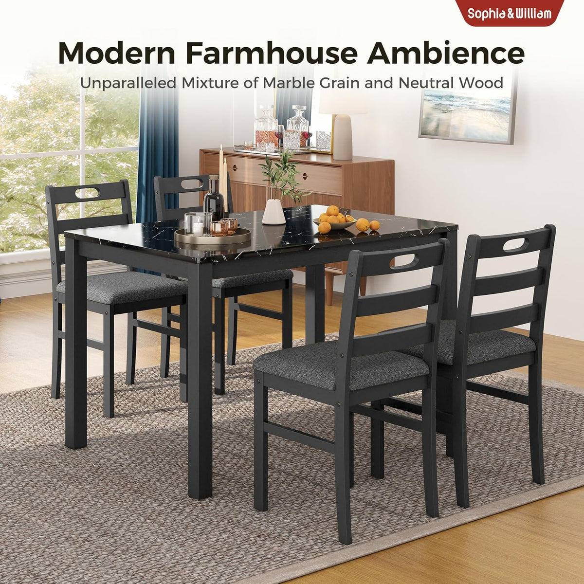 Sophia & William 5 Piece Dining Table Set for 4, Faux Marble Kitchen Table and Chairs Set, Solid Wood Farmhouse Dinner Table Set,Veined Black Marble & Gray