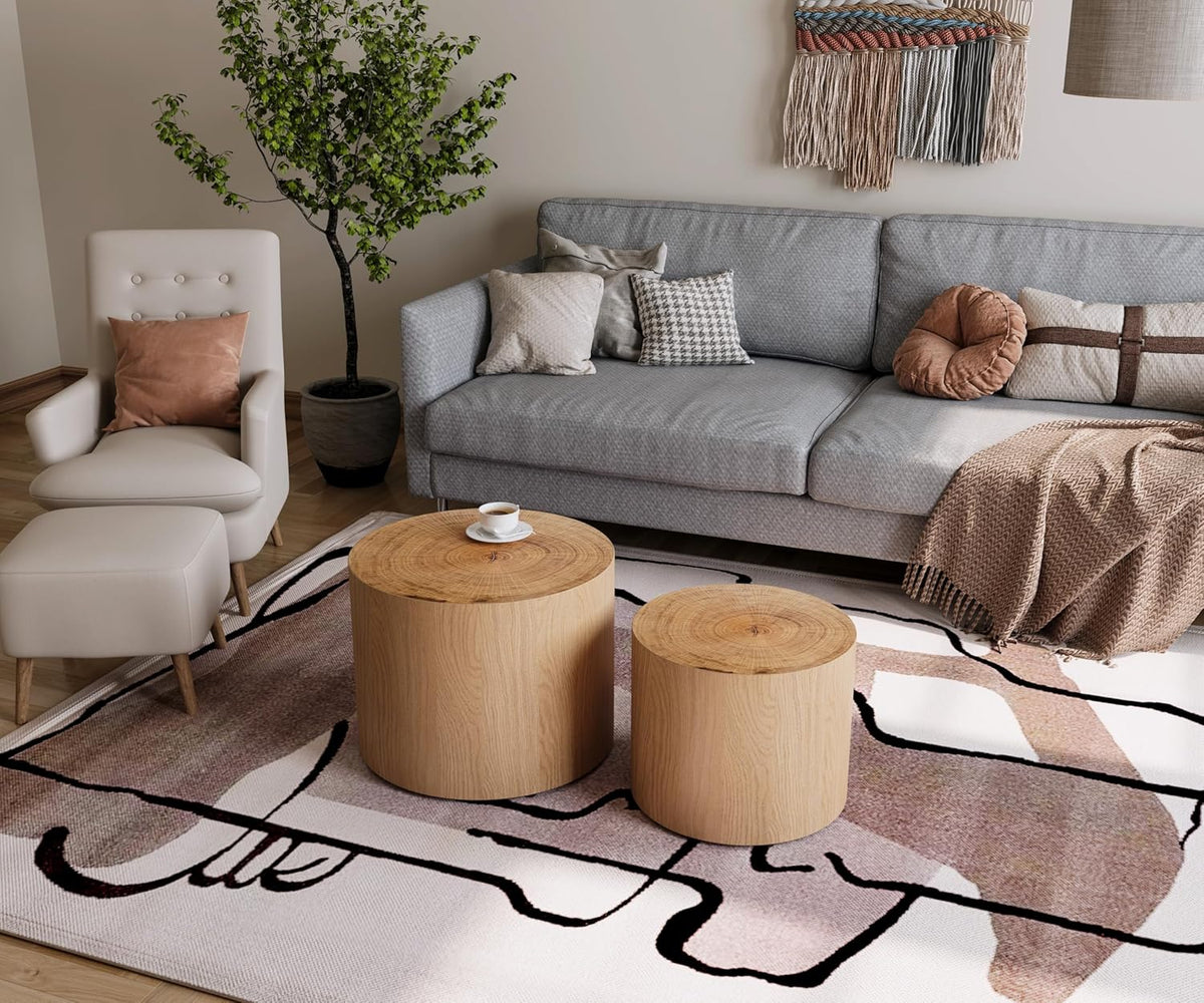 Nesting Coffee Table Set of 2, Modern Round Coffee Table, Wooden Circle Accent Tables for Small Spaces Living Room Bedroom Balcony Office Drum Side Table, Natural Wood