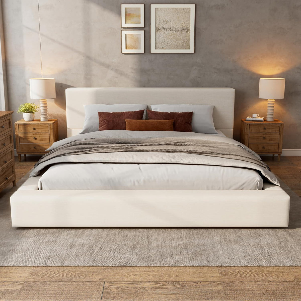 Merax King Size Bed Frame, 95" L x 88" W Upholstered Platform Bed with 8" Thick Linen Headboard & Footboard, Sturdy Wood Slat Support, No Box Spring Needed, Easy Assembly, Beige