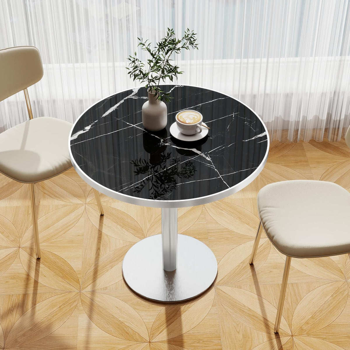 31.5" Tulip Table, Small Round Dining Table with 1.2" Thick Sintered Stone Tabletop and Silver Metal Pedestal Base, Bistro Table for Diner, Restaurant, Café, Bakery, Apartment (Marble Black Silver)