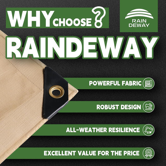 RAINDEWAY 10x12 Feet Heavy Duty Tarp,12 Mil Tan Waterproof Poly Tarp Cover,UV Resistant,Weatherproof,Durable,Multipurpose Tarps with Grommets and Reinforced Edges