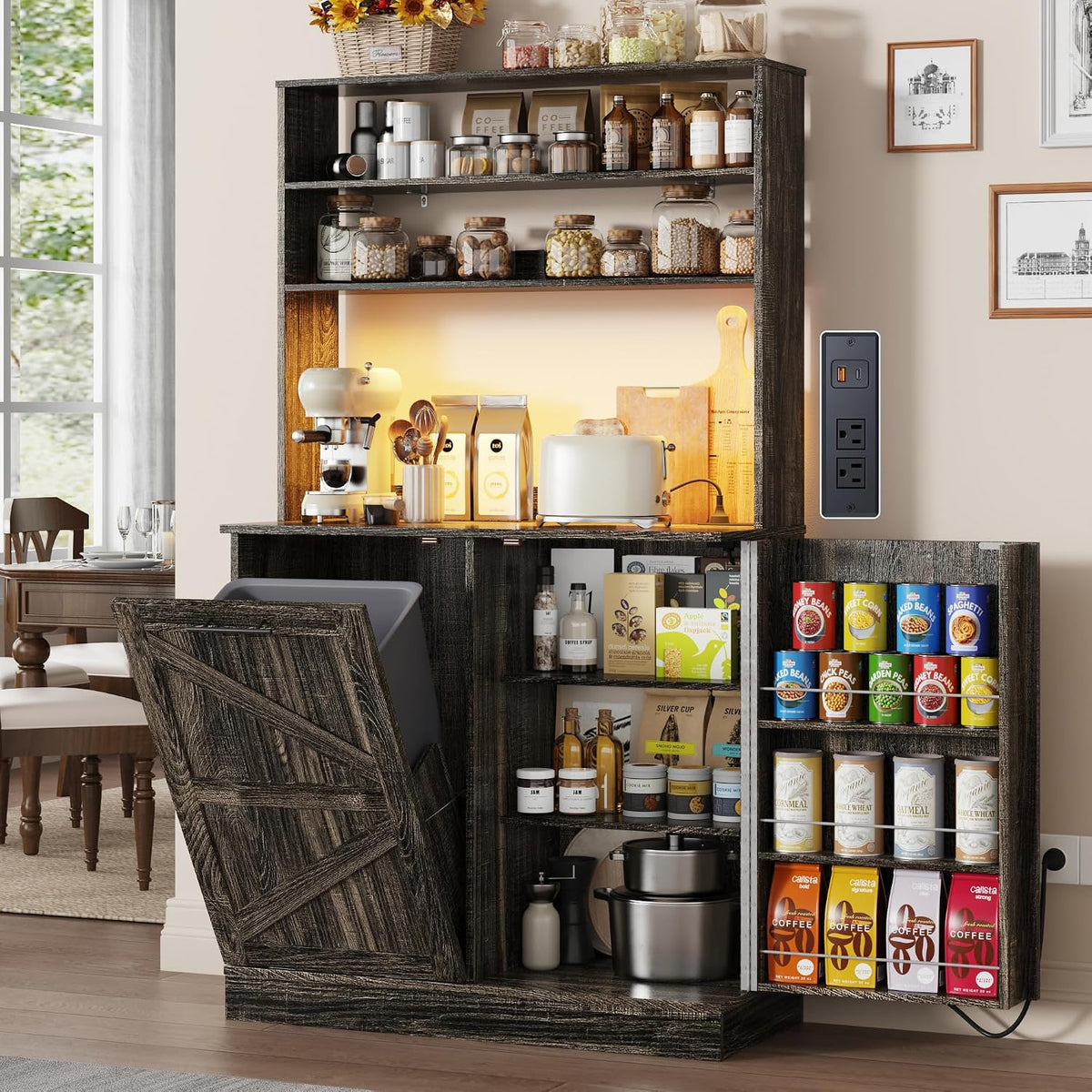 Squireewo 63" H Pantry Cabinets with 10 Gallon Trash Can,Led Light,Outlet,35" W Kitchen Hutch with Tilt Out Trash Can Cabinet,Farmhouse Cupboard with Large Countertop for Living Room, Dining Room