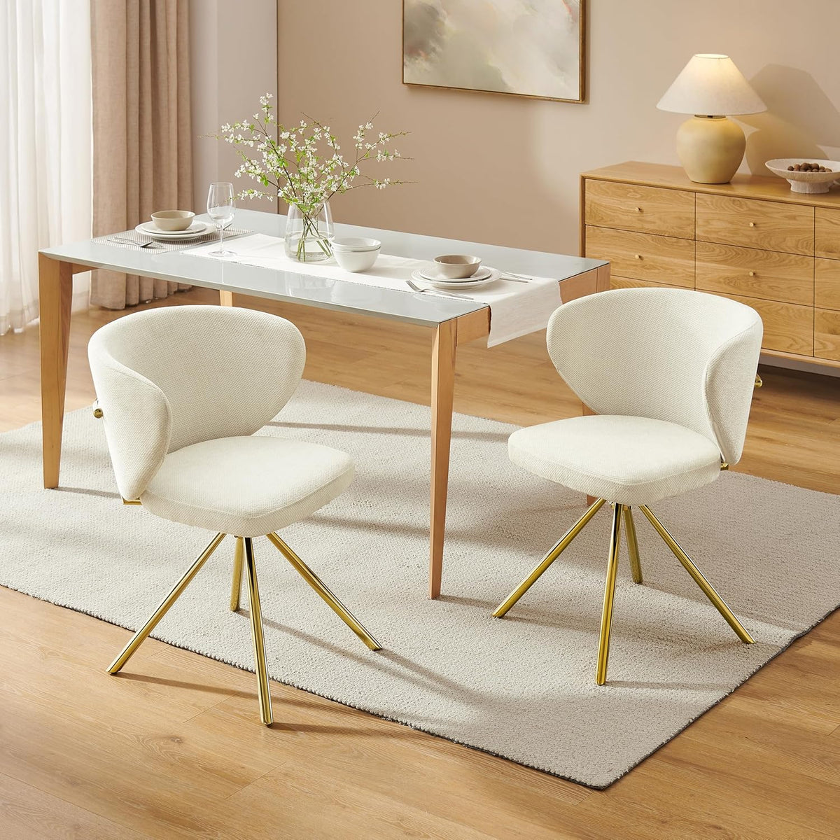 Art Leon Swivel Dining Chairs Set of 2 - Modern Fabric Upholstered Kitchen Dining Room Chairs, Armless Accent Chairs with Golden Metal Legs, Side Chairs for Vanity, Off White
