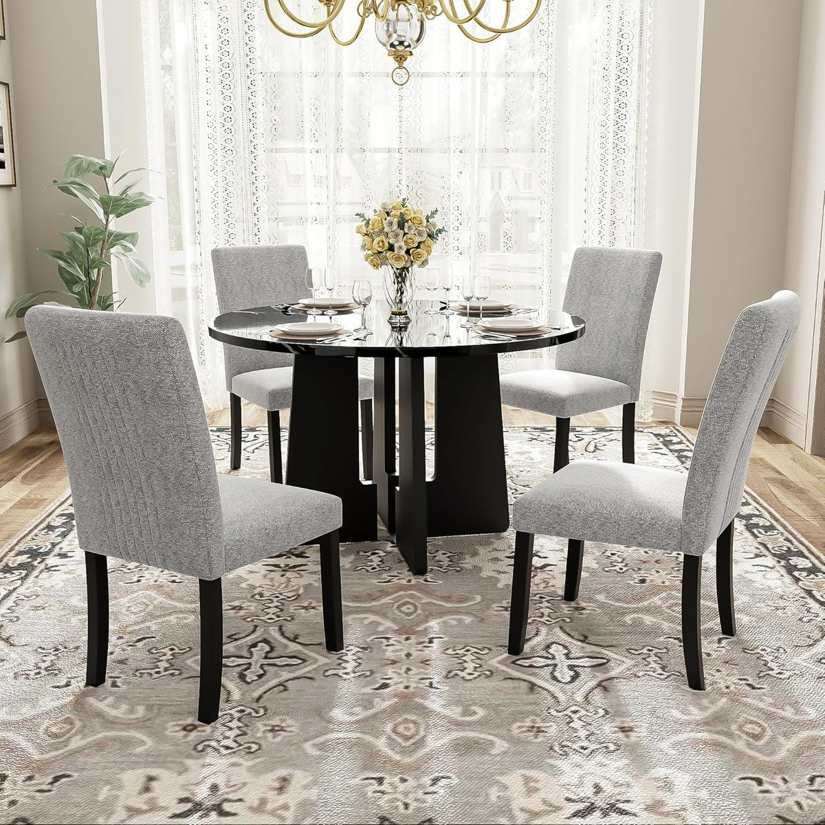 5-Piece Round Dining Table Set, 43-Inch Modern Dining Table and 4 Upholstered Chairs for Dining Room, Kitchen Room, Living Room (Grey Chairs and Black Table)