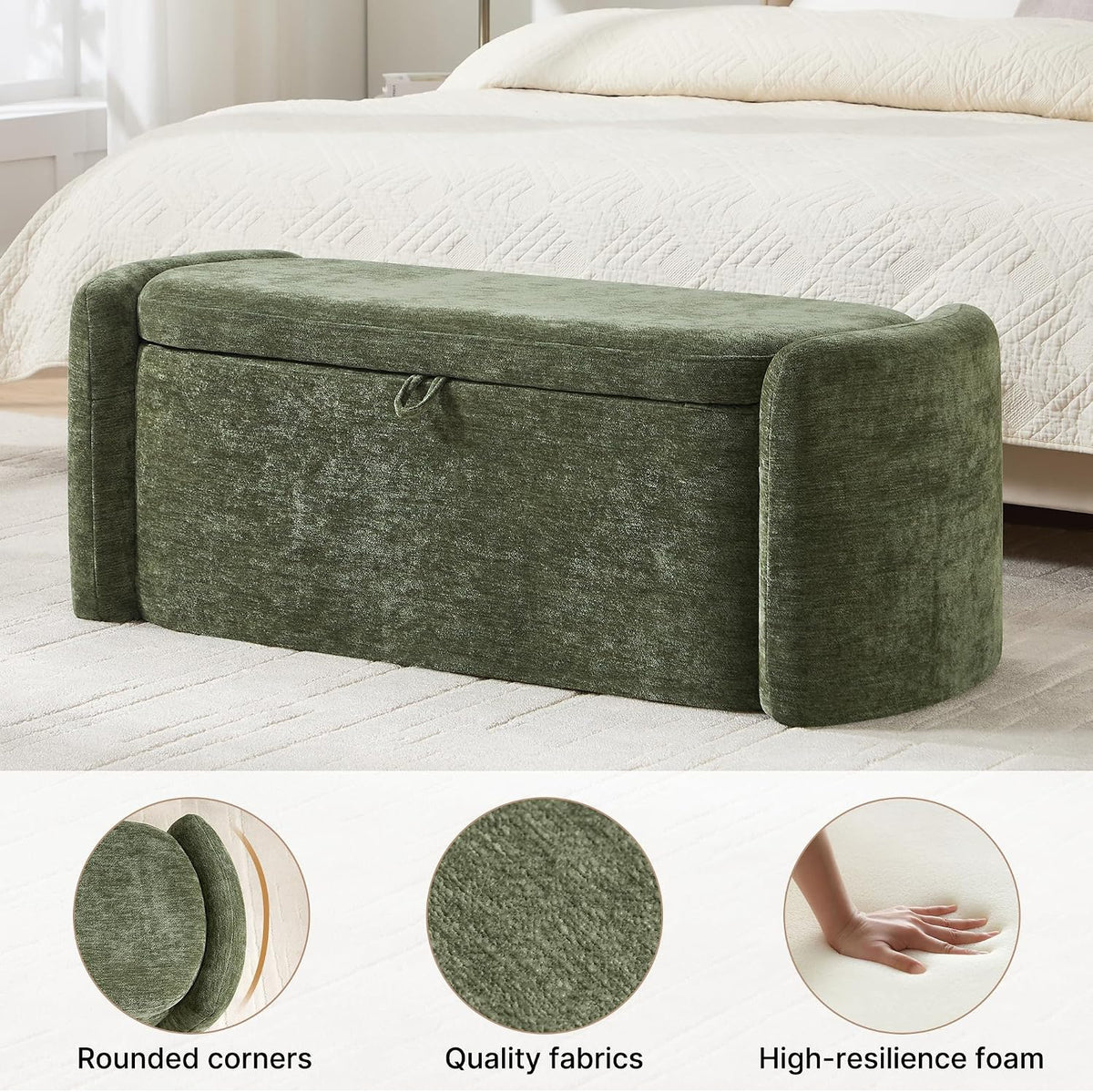 Oval Ottoman Bench with 20 Gal of Storage Space Upholstered Chenille Seat End of Bed Storage Bench Storage Ottoman with Storage for Bedroom, Living Room, Entryway, Window(Green)