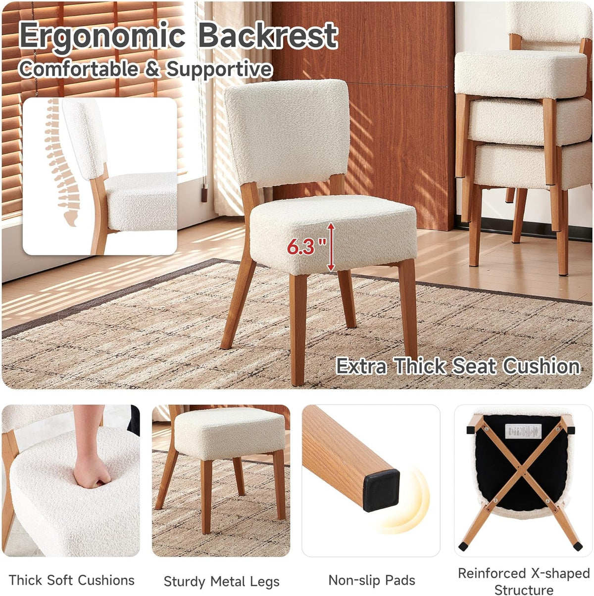 Howtek Modern Dining Chairs Set of 4 with 6.3" Thick Seat Cushions, Space-Saving Stackable Upholstered Kitchen Chairs, Ergonomic Backrest & Metal Legs, White