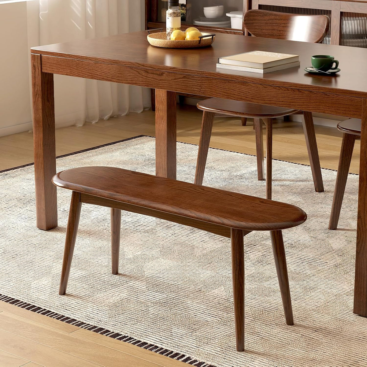 100% Solid Oak Wood Dining Bench, 39.5'' Entryway Bench Ottoman with Rounding Corner Design for Kitchen Living Room Bedroom, Walnut