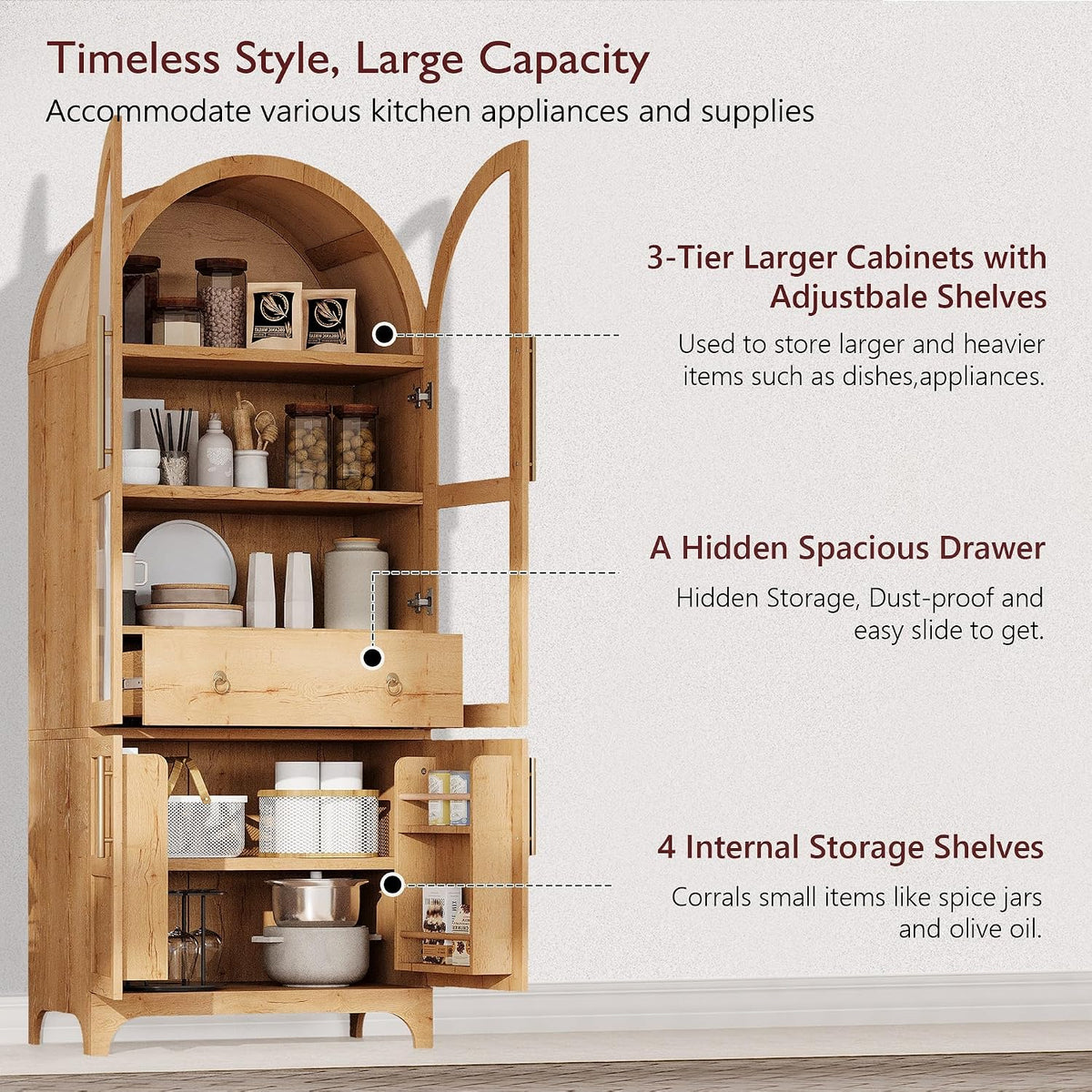 71" Tall Arched Kitchen Pantry Cabinet with Door Shelves, Farmhouse Storage Cabinet with Open & Adjustable Shelves, Hidden Drawer & Glass Door, Cupboard for Kitchen, Dining Room (Natural)