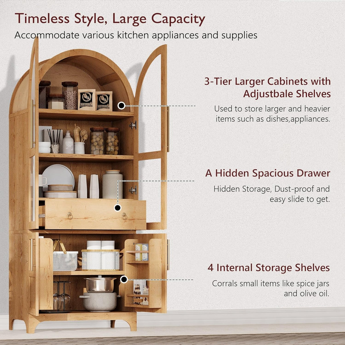 71" Arched Kitchen Pantry Cabinet with Glass Doors, Farmhouse Pantry Cabinet with Door Shelves and Drawer, Tall Cupboard with Adjustable Shelves for Kitchen, Dining Room, Natural