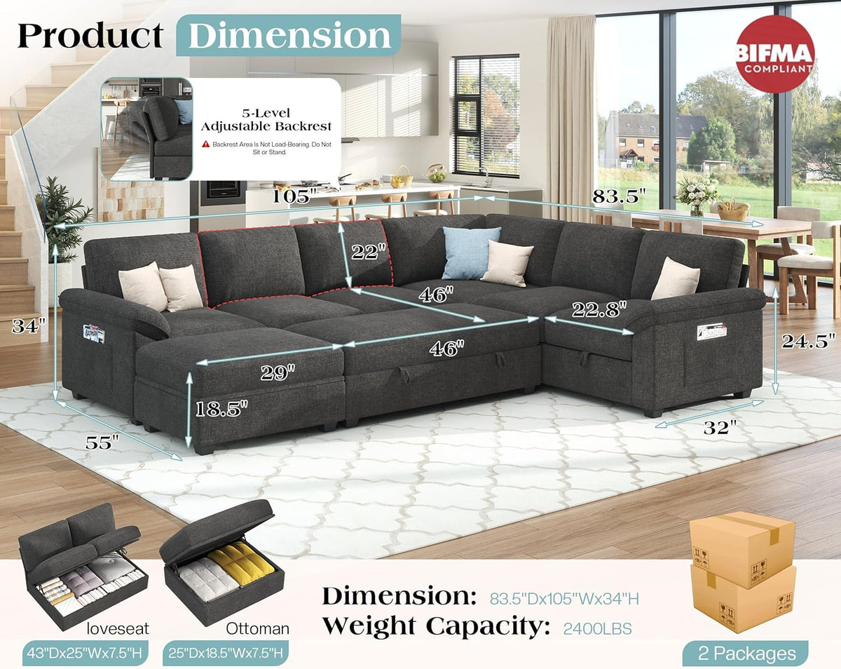 Jocisland 105" Sofa Bed, Sectional Sleeper Sofa with Pull Out Bed/Reclining Backrest, Sleeper Couch Bed with Storage, 6 Seater Couch Bed for Living Room, Chenille Dark Gray